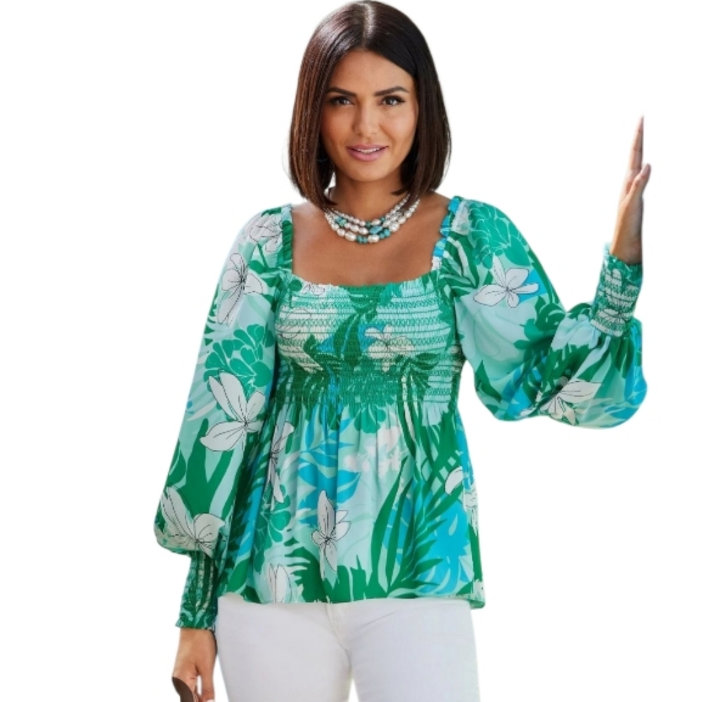 NWOT Boston Proper green blue white smocked peplum blouse top Womens Large